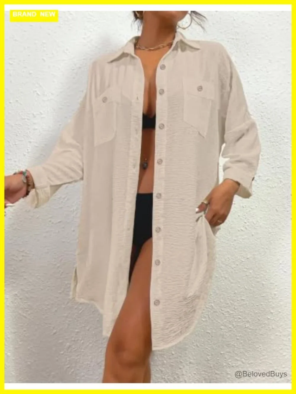 Womens Modern Swimsuit Cover Up Blouse Button Down Shirt Dressy Beach Tunic